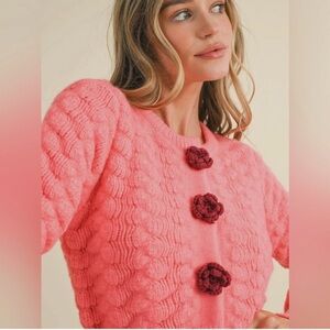 &Merci 💗 Coral Pink Textured Rosette Button Cardigan, Size S